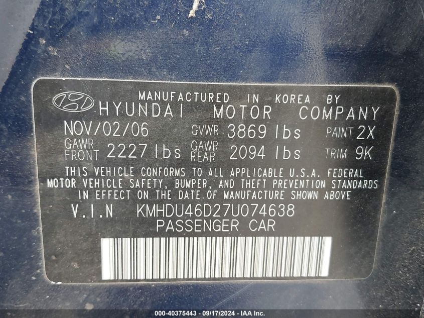 2007 Hyundai Elantra Gls/Limited/Se VIN: KMHDU46D27U074638 Lot: 40375443