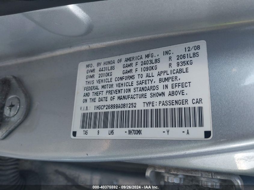 1HGCP26899A081252 2009 Honda Accord Exl