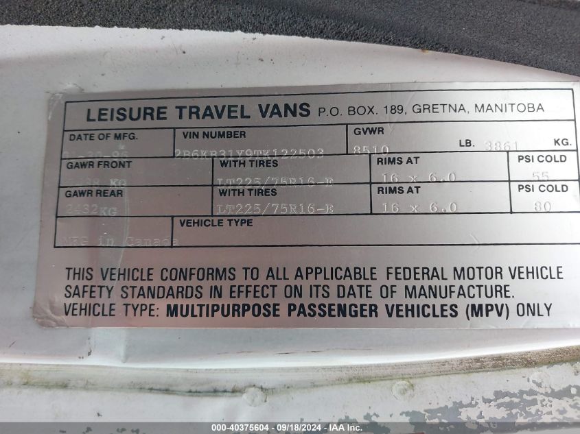 2B6KB31Y9TK122503 1996 Dodge Ram Van B3500