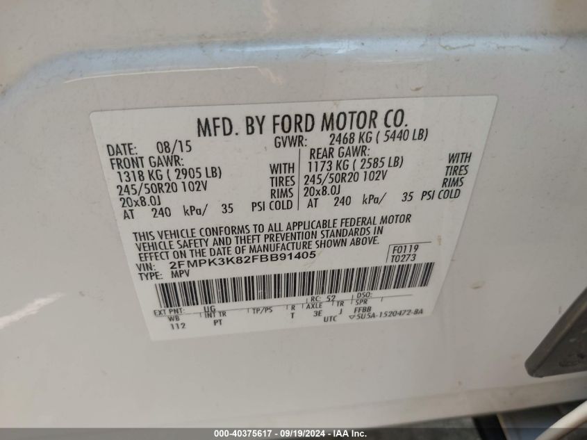 2FMPK3K82FBB91405 2015 Ford Edge Titanium