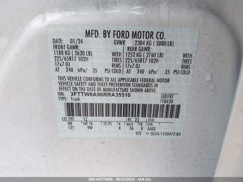 2024 Ford Maverick Xl VIN: 3FTTW8A96RRA35310 Lot: 40375695