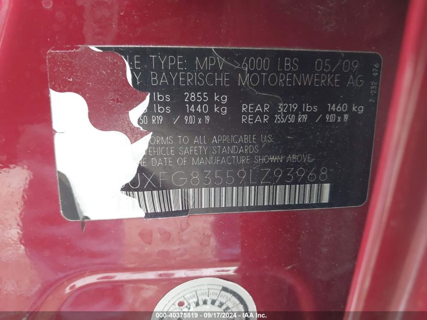 2009 BMW X6 xDrive50I VIN: 5UXFG83559LZ93968 Lot: 40375819