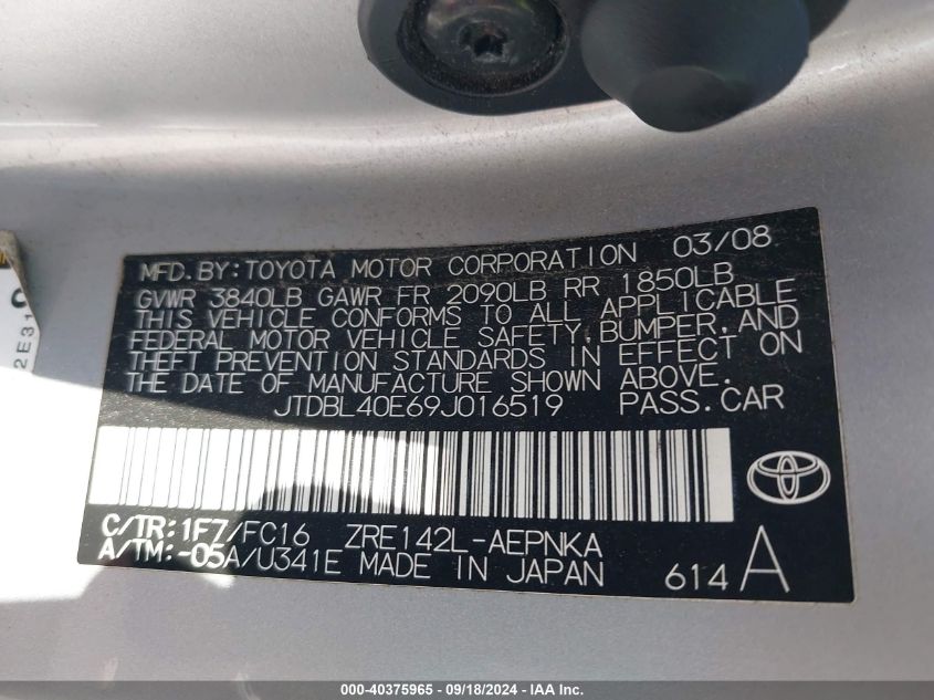 2009 Toyota Corolla Xle VIN: JTDBL40E69J016519 Lot: 40375965