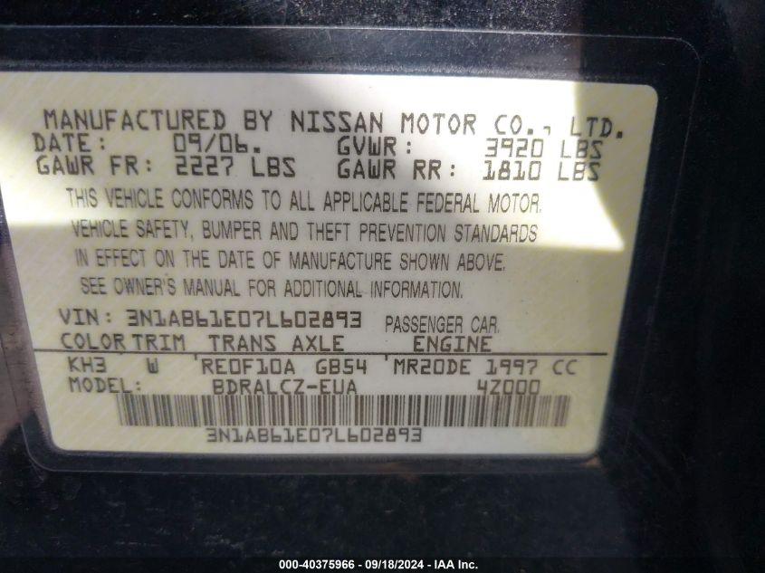 2007 Nissan Sentra 2.0 VIN: 3N1AB61E07L602893 Lot: 40375966