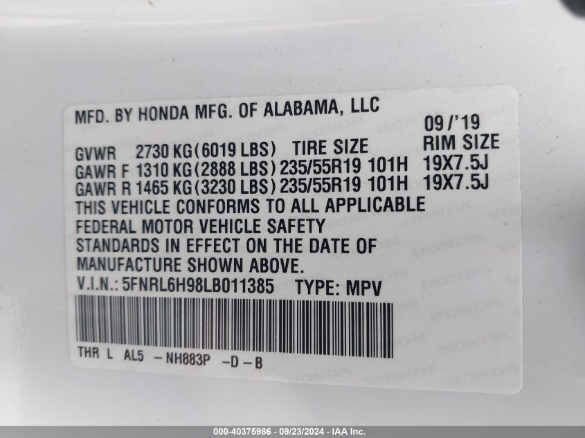 2020 Honda Odyssey Elite VIN: 5FNRL6H98LB011385 Lot: 40375986