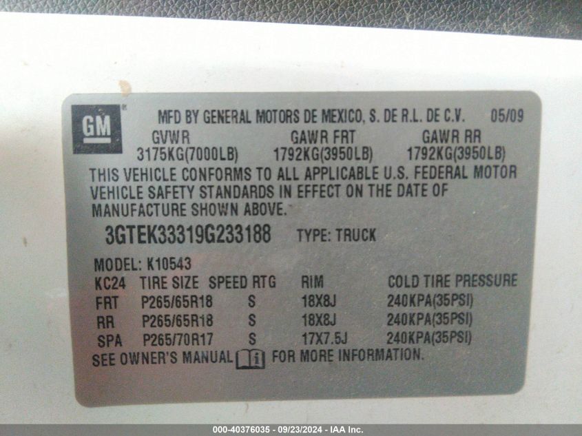 2009 GMC Sierra K1500 Slt VIN: 3GTEK33319G233188 Lot: 40376035