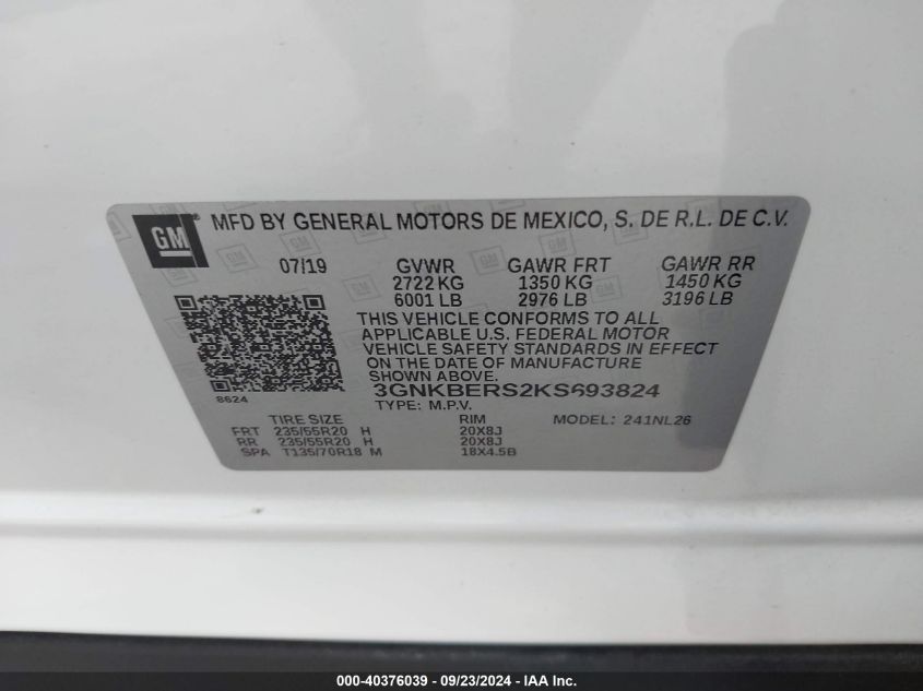 3GNKBERS2KS693824 2019 Chevrolet Blazer Rs