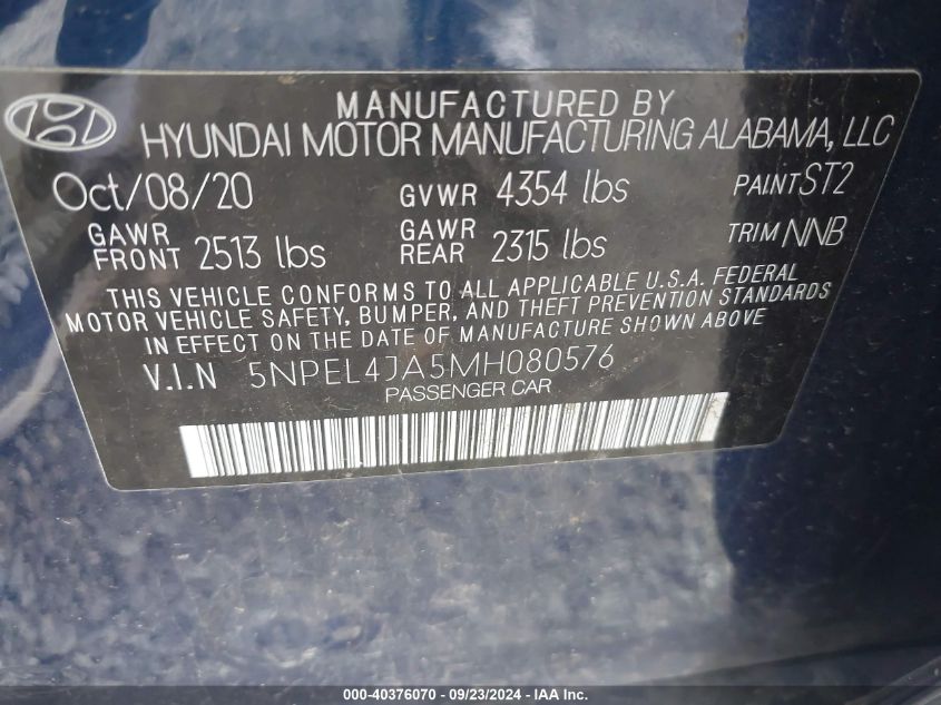 5NPEL4JA5MH080576 2021 Hyundai Sonata Sel