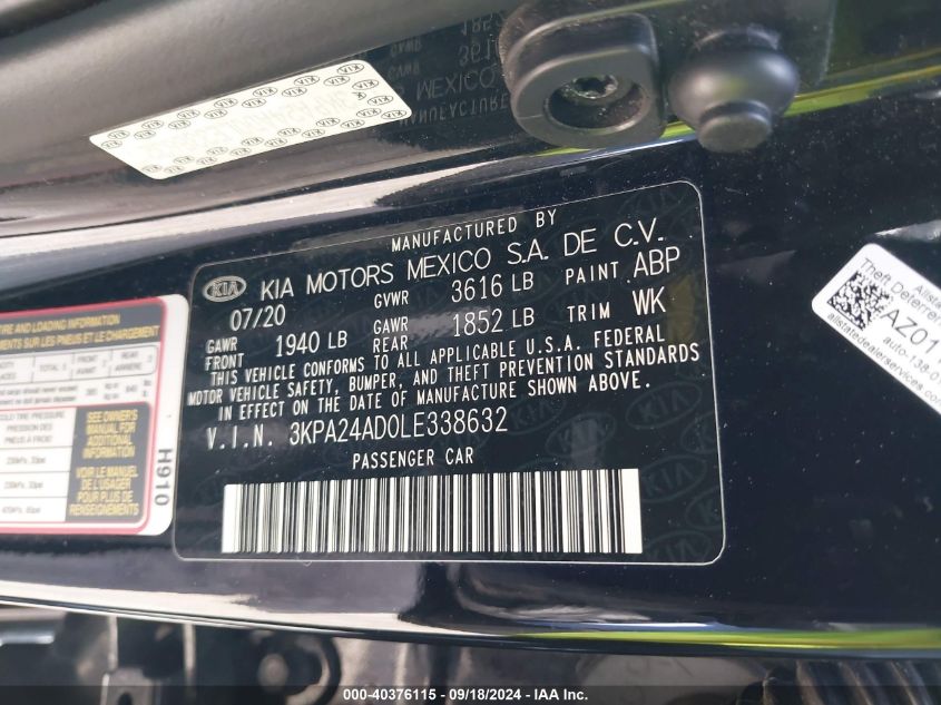 2020 Kia Rio Lx/S VIN: 3KPA24AD0LE338632 Lot: 40376115