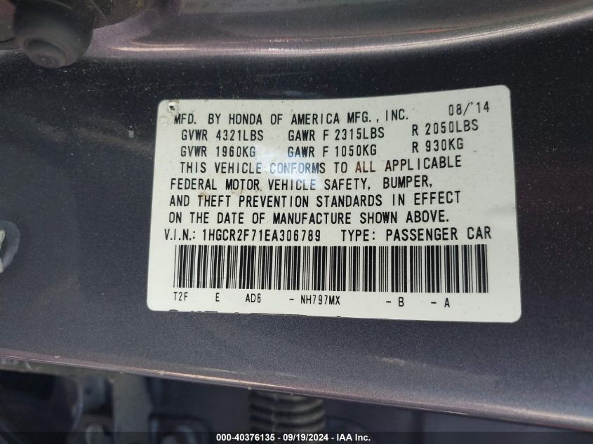 1HGCR2F71EA306789 2014 Honda Accord Ex