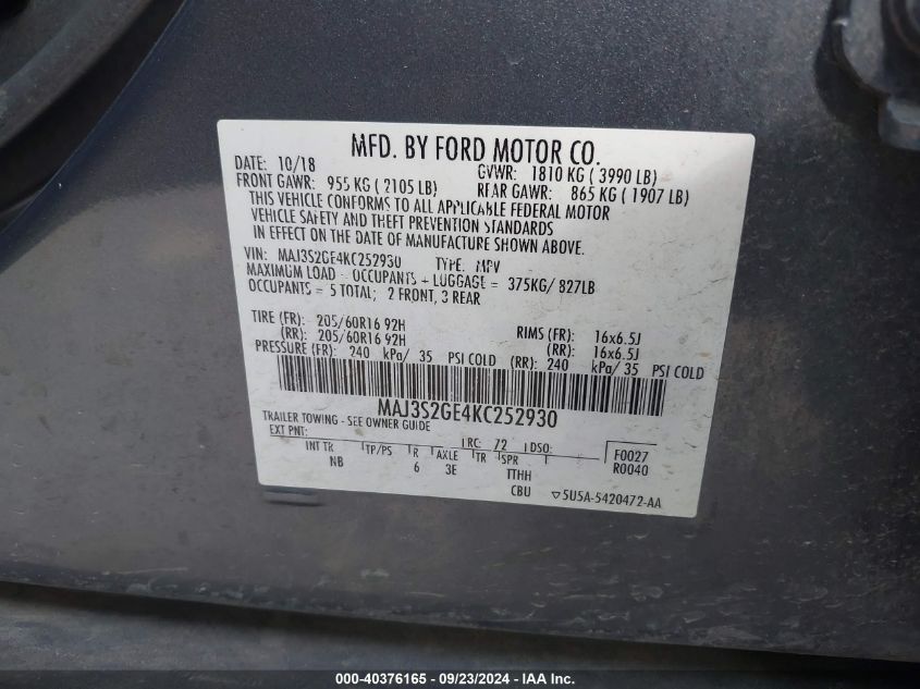 2019 Ford Ecosport Se VIN: MAJ3S2GE4KC252930 Lot: 40376165