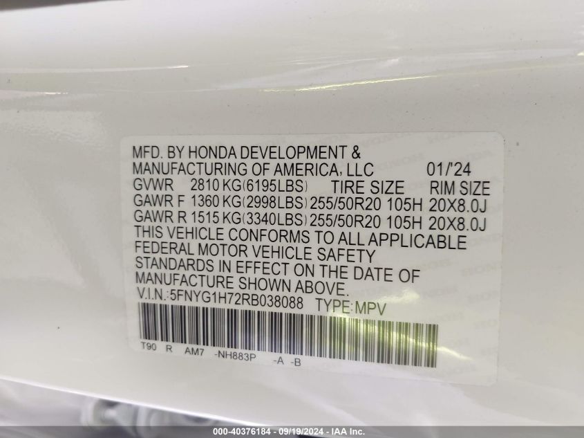 2024 Honda Pilot Awd Touring VIN: 5FNYG1H72RB038088 Lot: 40376184