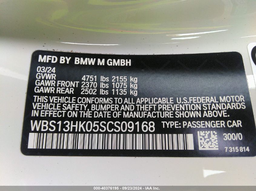 2025 BMW M4 VIN: WBS13HK05SCS09168 Lot: 40376195