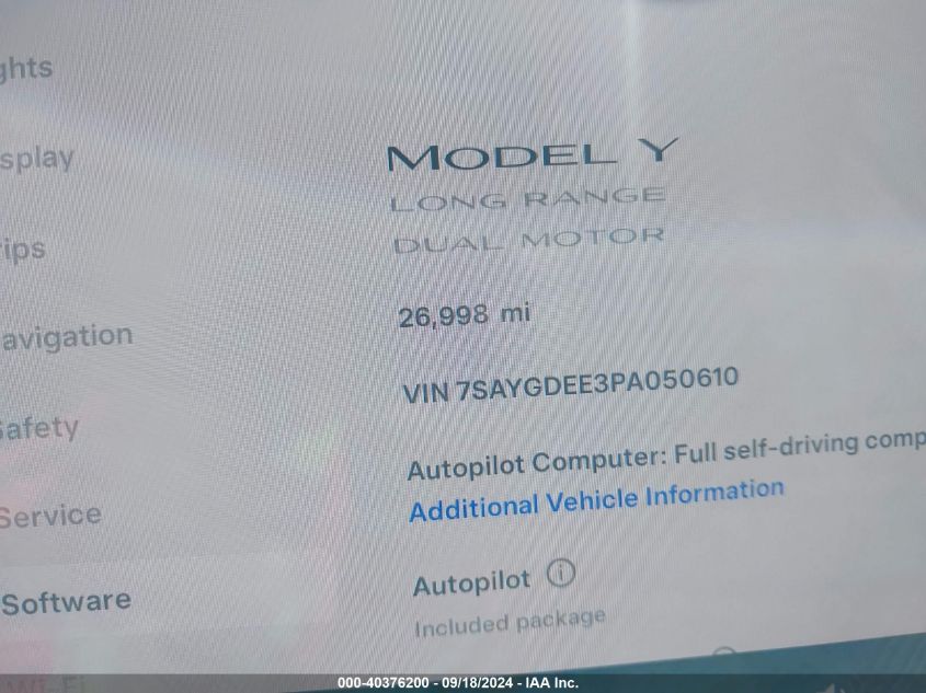 2023 Tesla Model Y Awd/Long Range Dual Motor All-Wheel Drive VIN: 7SAYGDEE3PA050610 Lot: 40376200