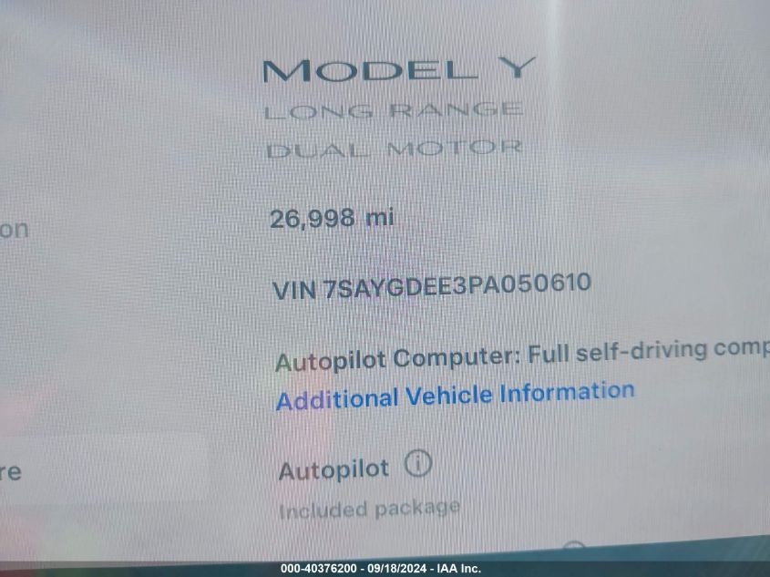 2023 Tesla Model Y Awd/Long Range Dual Motor All-Wheel Drive VIN: 7SAYGDEE3PA050610 Lot: 40376200