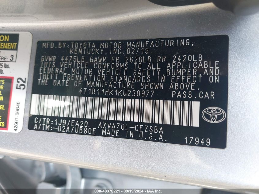 4T1B11HK1KU230977 2019 Toyota Camry Se