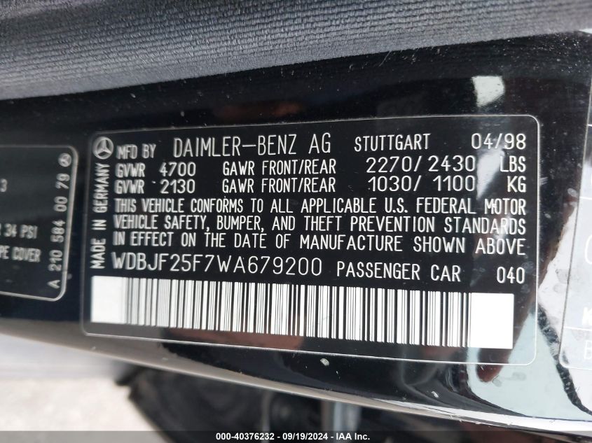 WDBJF25F7WA679200 1998 Mercedes-Benz E 300 Diesel