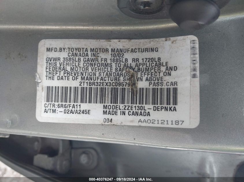 2003 Toyota Corolla Le VIN: 2T1BR32EX3C095797 Lot: 40376247