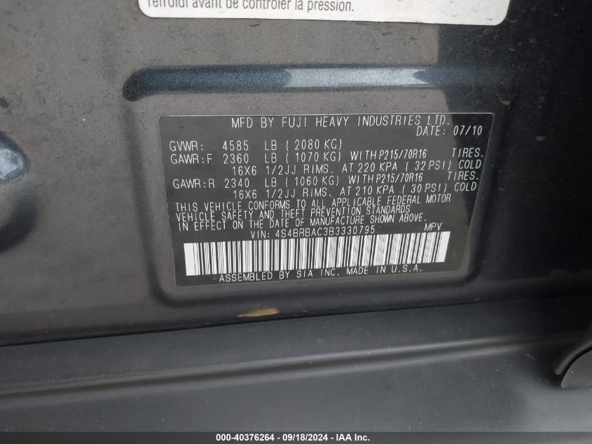 4S4BRBAC3B3330795 2011 Subaru Outback 2.5I