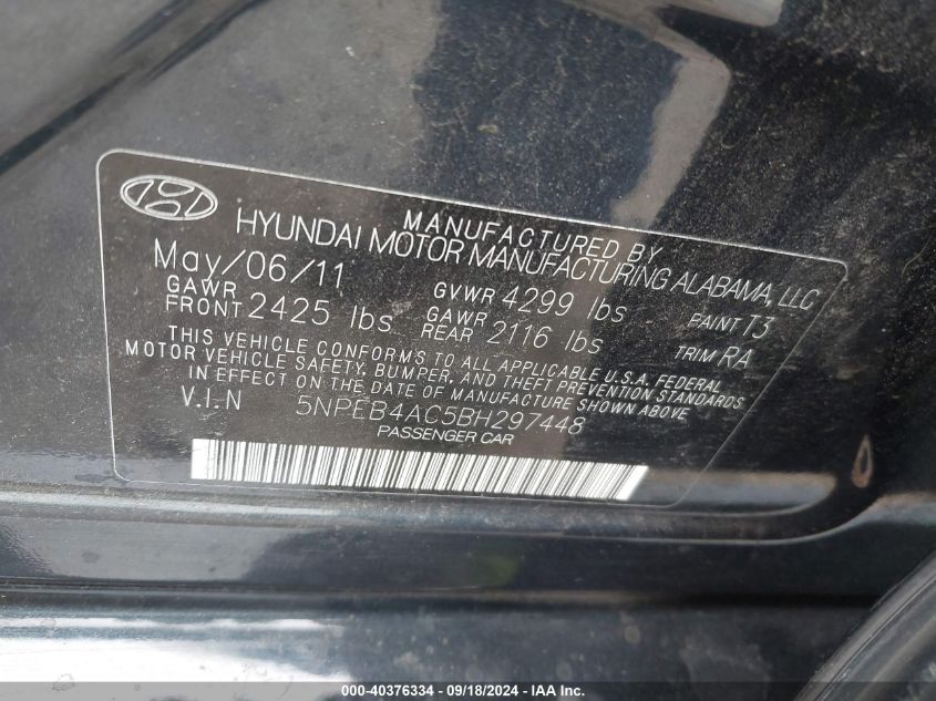 5NPEB4AC5BH297448 2011 Hyundai Sonata Gls