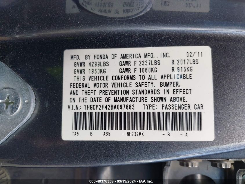 1HGCP2F42BA097683 2011 Honda Accord 2.4 Lx-P