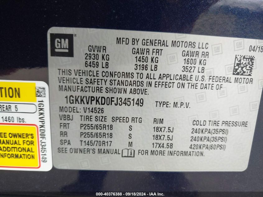 1GKKVPKD0FJ345149 2015 GMC Acadia Sle-2