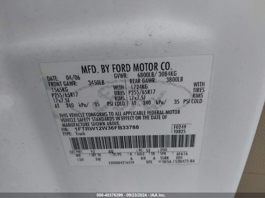 1FTRW12W36FB33788 2006 Ford F-150 Xlt