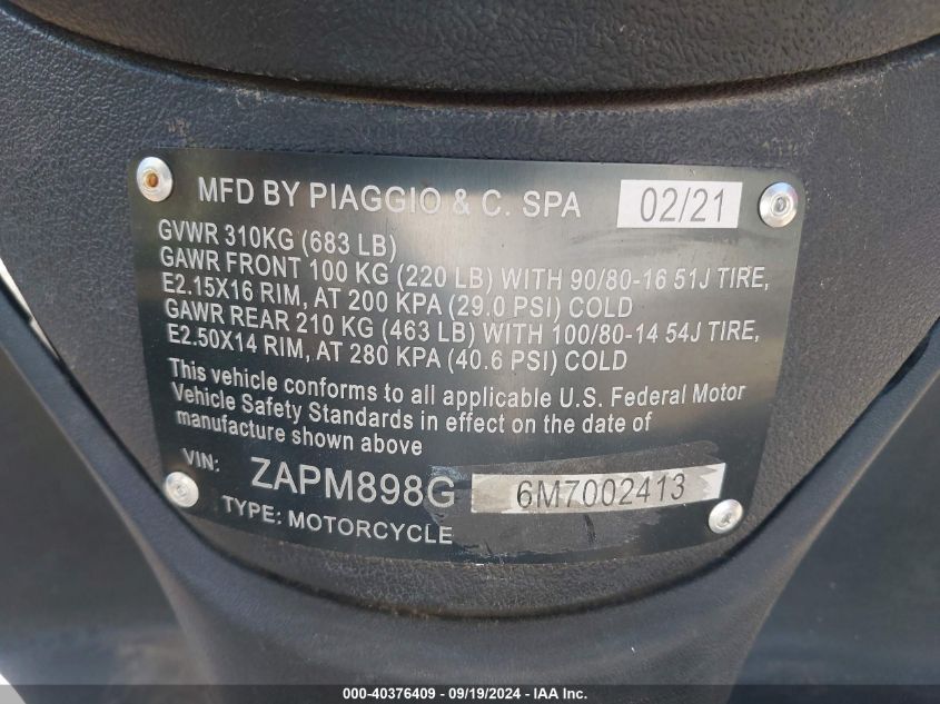 2021 Piaggio Liberty 150 VIN: ZAPM898G6M7002413 Lot: 40376409