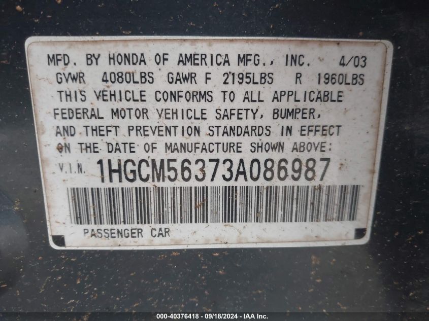 1HGCM56373A086987 2003 Honda Accord 2.4 Lx