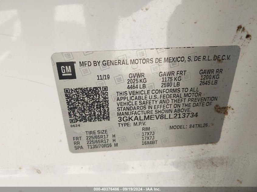 2020 GMC Terrain Fwd Sle VIN: 3GKALMEV8LL213734 Lot: 40376486