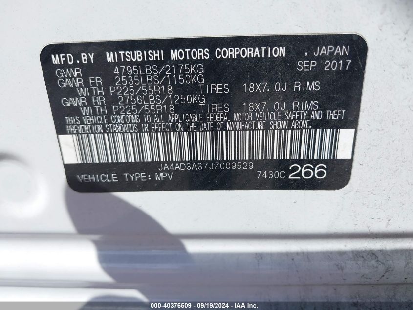 2018 Mitsubishi Outlander Sel VIN: JA4AD3A37JZ009529 Lot: 40376509