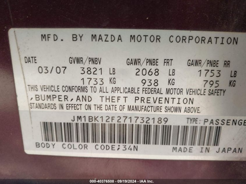 JM1BK12F271732189 2007 Mazda Mazda3 I