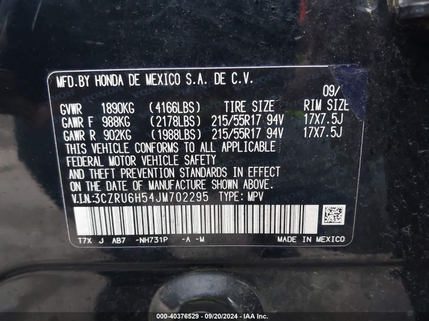 3CZRU6H54JM702295 2018 Honda Hr-V Ex