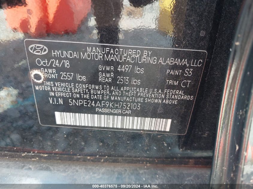 5NPE24AF9KH752103 2019 Hyundai Sonata Se