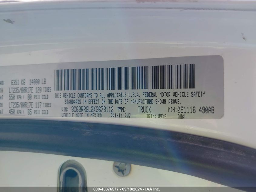 2019 Ram 3500 VIN: 3C63RRGL2KG673112 Lot: 40376577