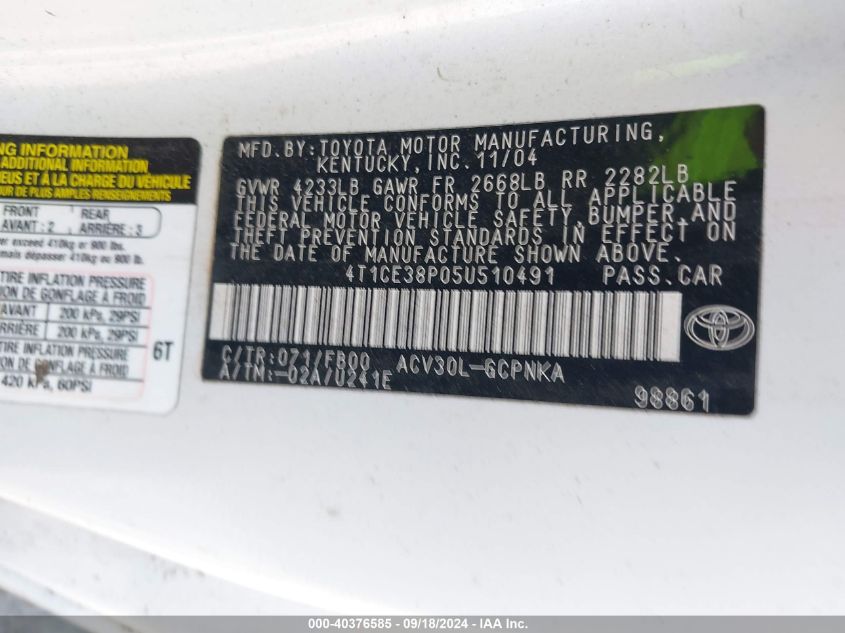 4T1CE38P05U510491 2005 Toyota Camry Solara Se