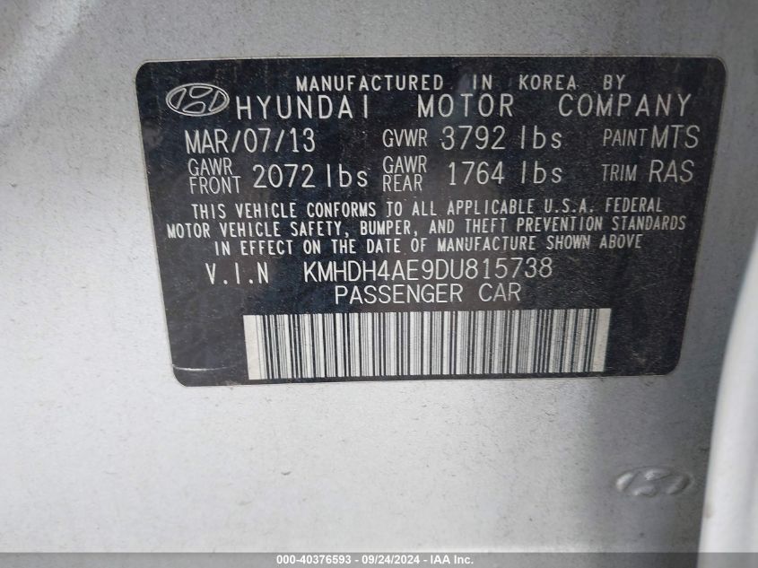 2013 Hyundai Elantra Gls/Limited VIN: KMHDH4AE9DU815738 Lot: 40376593