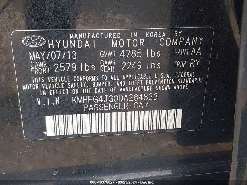 KMHFG4JG0DA284833 2013 Hyundai Azera