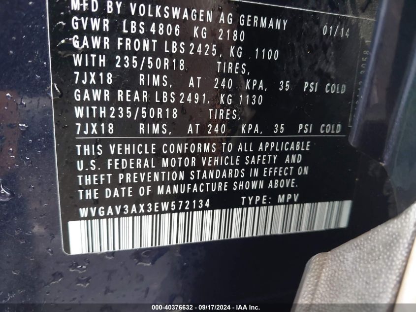 WVGAV3AX3EW572134 2014 Volkswagen Tiguan Se