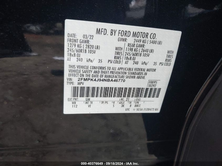 2022 Ford Edge Sel VIN: 2FMPK4J94NBA46770 Lot: 40376649