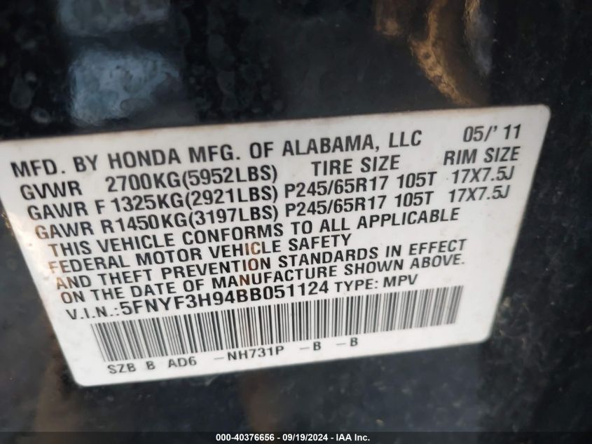 5FNYF3H94BB051124 2011 Honda Pilot Touring