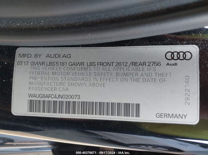 2018 Audi A6 2.0T Premium VIN: WAUG8AFC4JN020073 Lot: 40376671