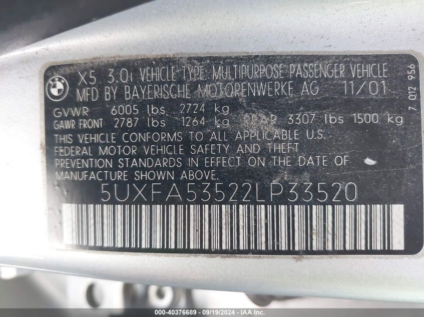 5UXFA53522LP33520 2002 BMW X5 3.0I