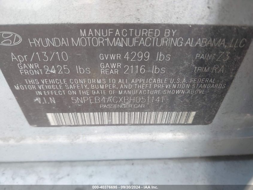 5NPEB4ACXBH051141 2011 Hyundai Sonata Gls