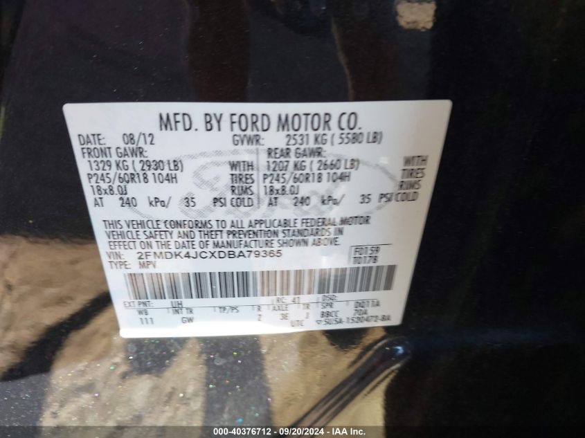 2013 Ford Edge Sel VIN: 2FMDK4JCXDBA79365 Lot: 40376712