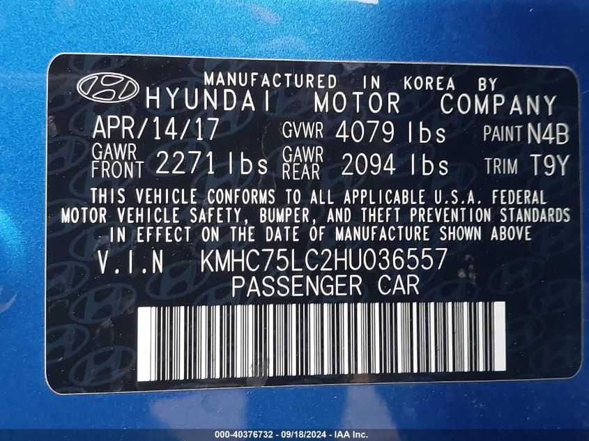 KMHC75LC2HU036557 2017 Hyundai Ioniq Hybrid Sel