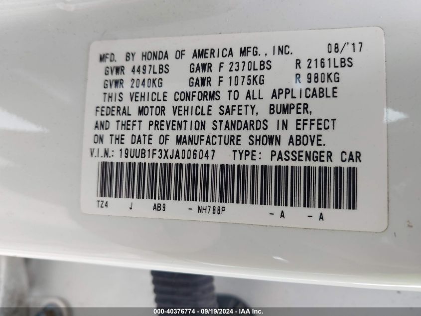 19UUB1F3XJA006047 2018 Acura Tlx