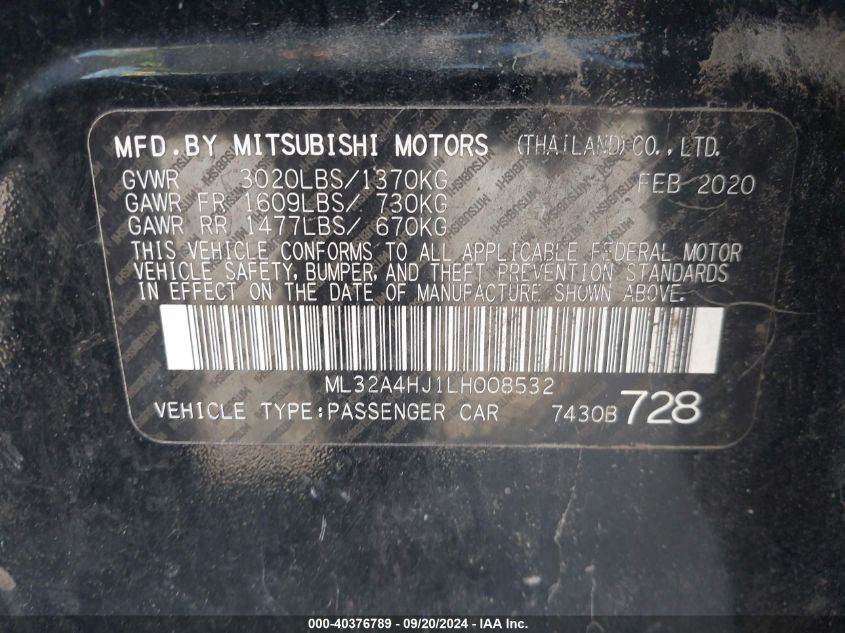 2020 Mitsubishi Mirage Se VIN: ML32A4HJ1LH008532 Lot: 40376789