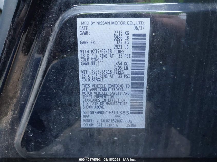 VIN 5N1DR2MN0HC699385 2017 NISSAN PATHFINDER S