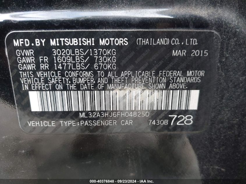 ML32A3HJ6FH048250 2015 Mitsubishi Mirage De